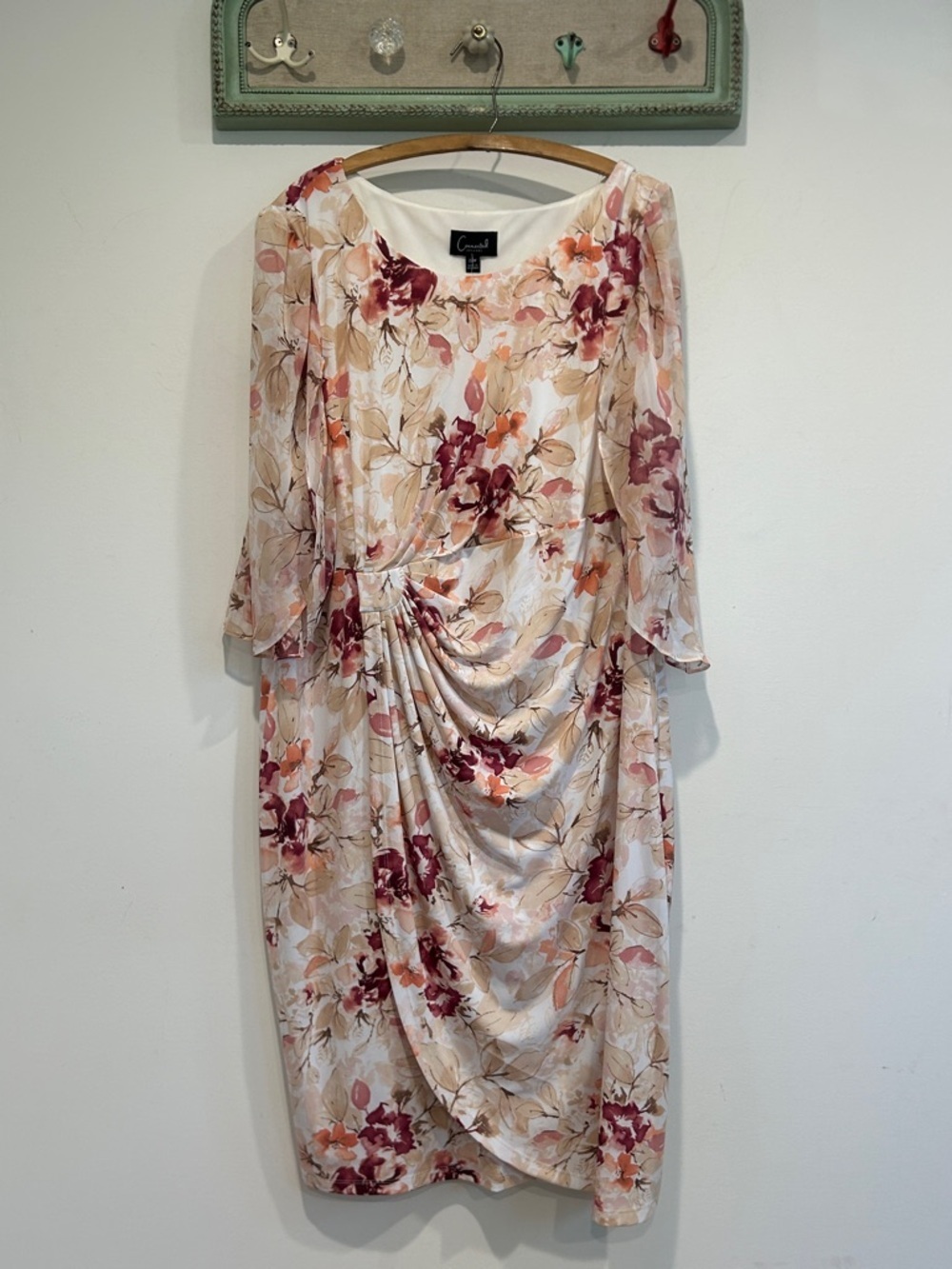 connected apparel Blush Floral Draped short Dress Burgundy Accents women’s 22 W